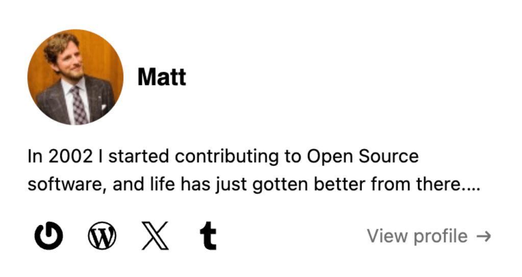 Example of a Gravatar Hovercard showing Matt Mullenweg's image, intro, links to social media and View profile