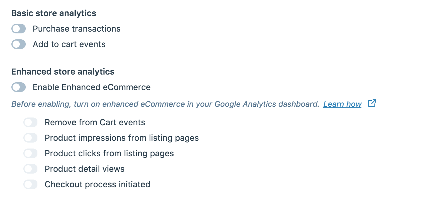 Activa estas opciones de comercio electrónico en Jetpack para conectarlas con Google Analytics y tu tienda online