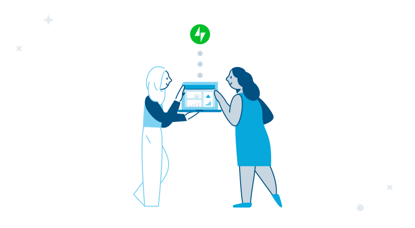 Illustration of two people talking about a website