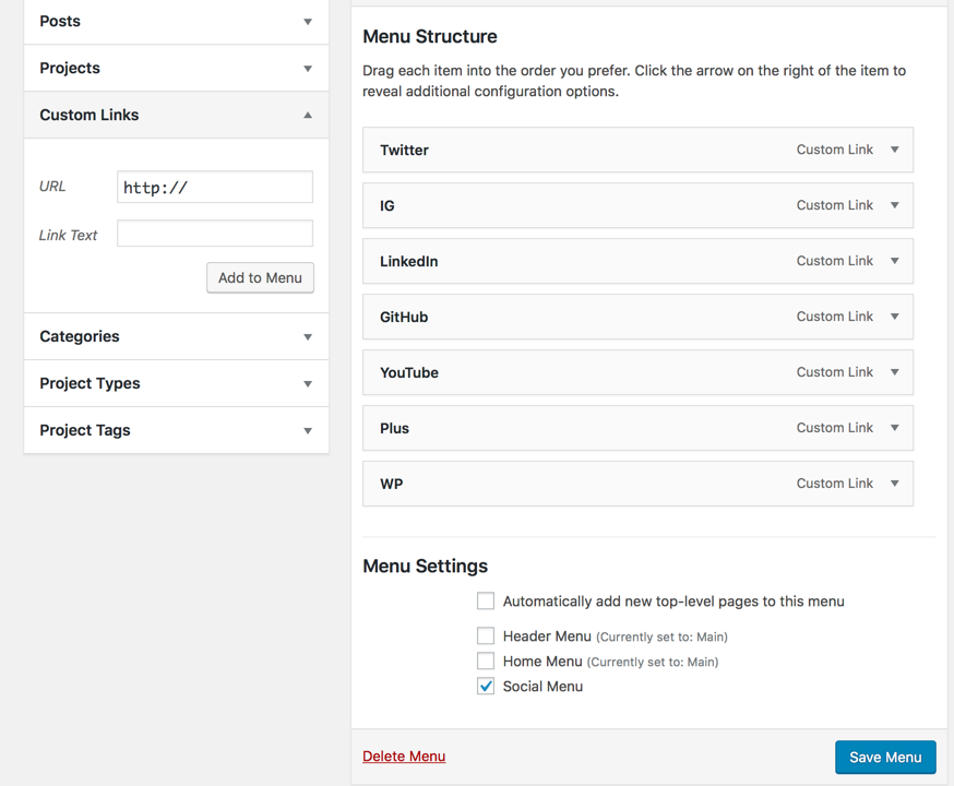 WordPress social menu settings