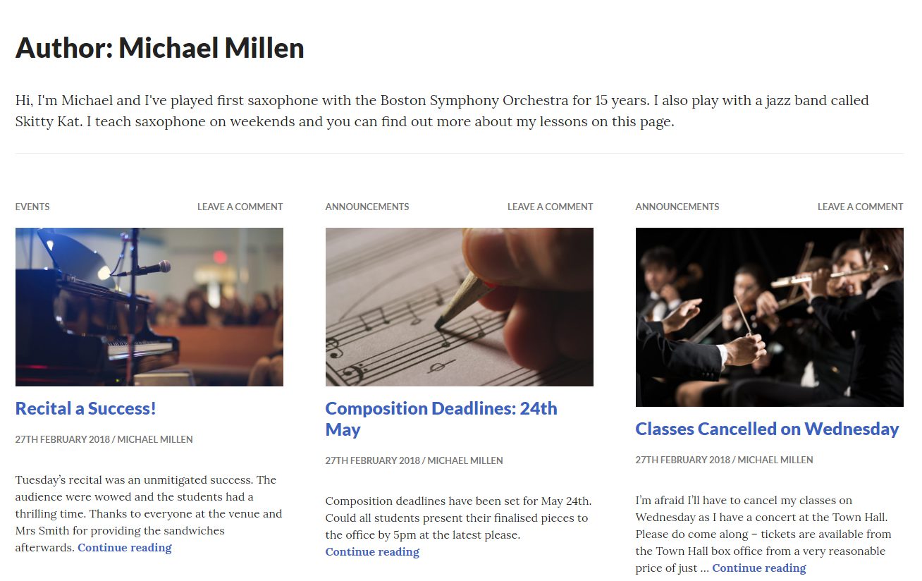 An authors page on the Gazette WordPress theme