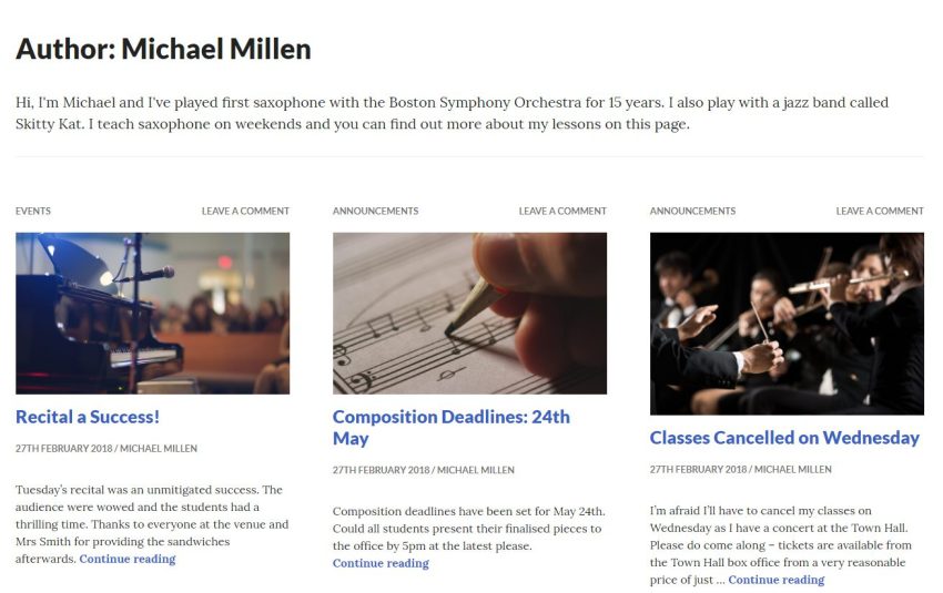 An authors page on the Gazette WordPress theme