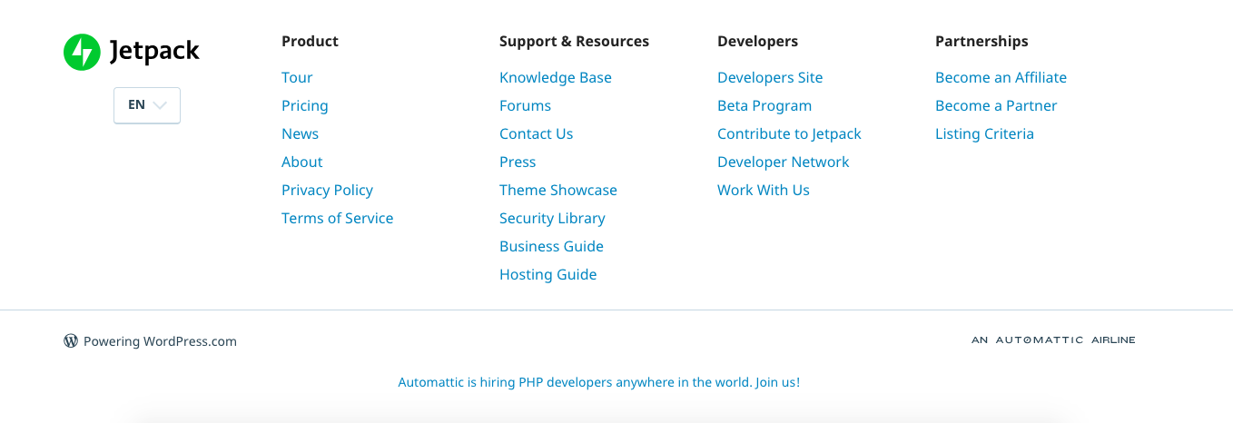 The footer on Jetpack.com