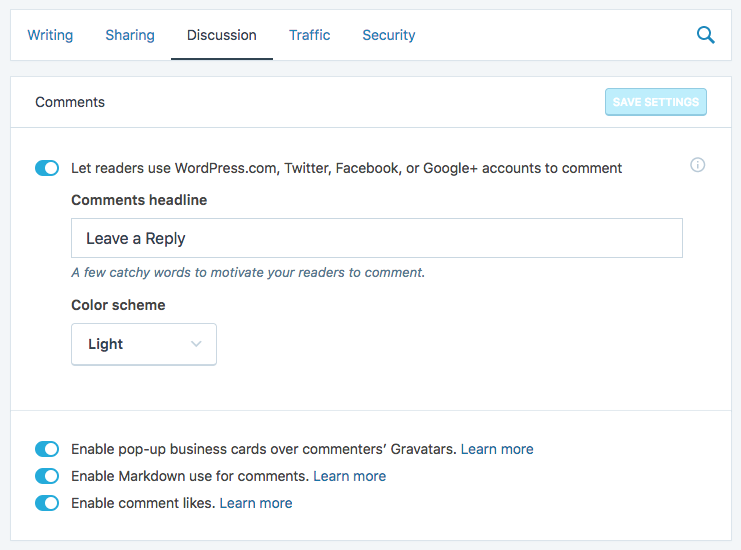 Comments setting in Jetpack 
