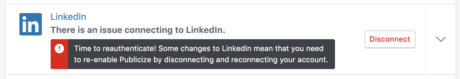Notice informing user that LinkedIn needs to be reauthenticated
