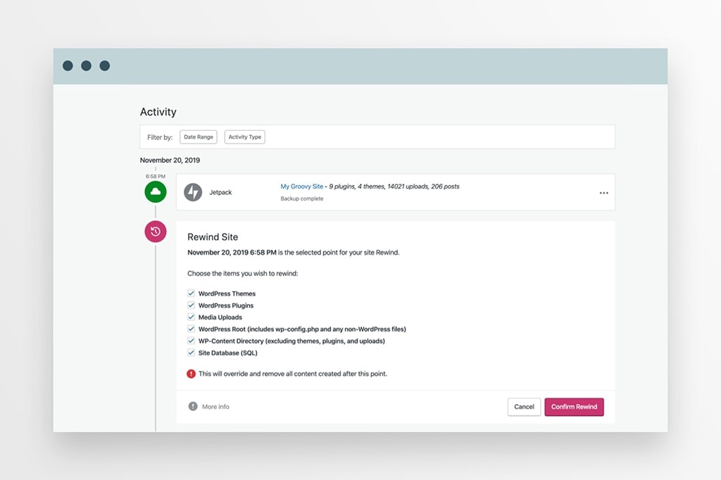 Screenshot of Backup operation from the Activity Log.