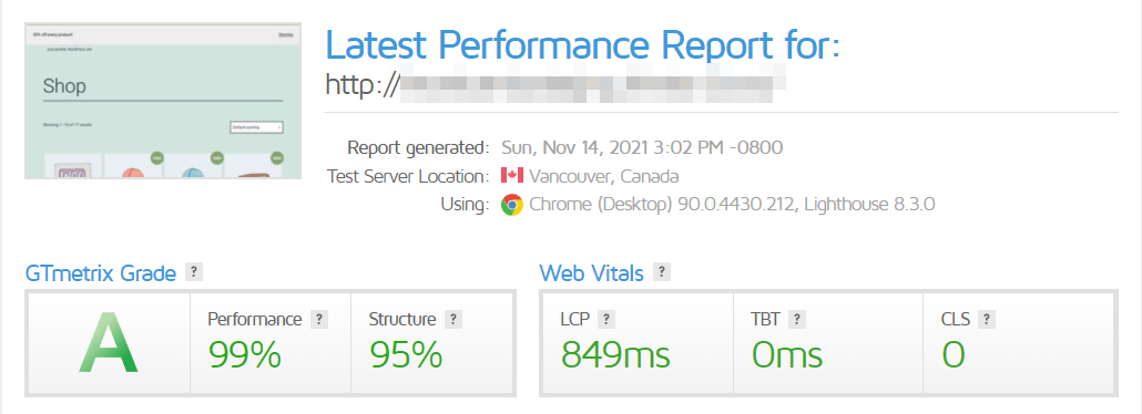 performance report for a website after enabling Jetpack CDN