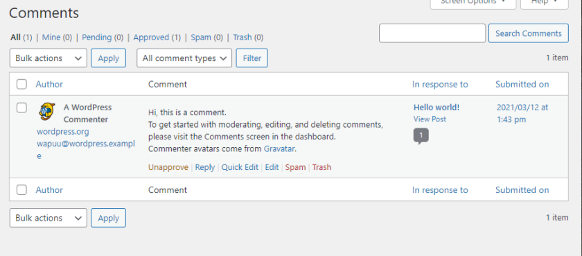wordpress comments screen