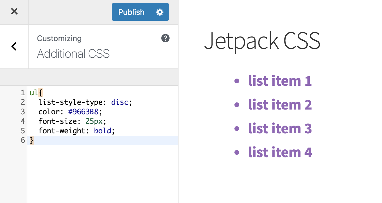 Jetpack CSS customization bullet lists