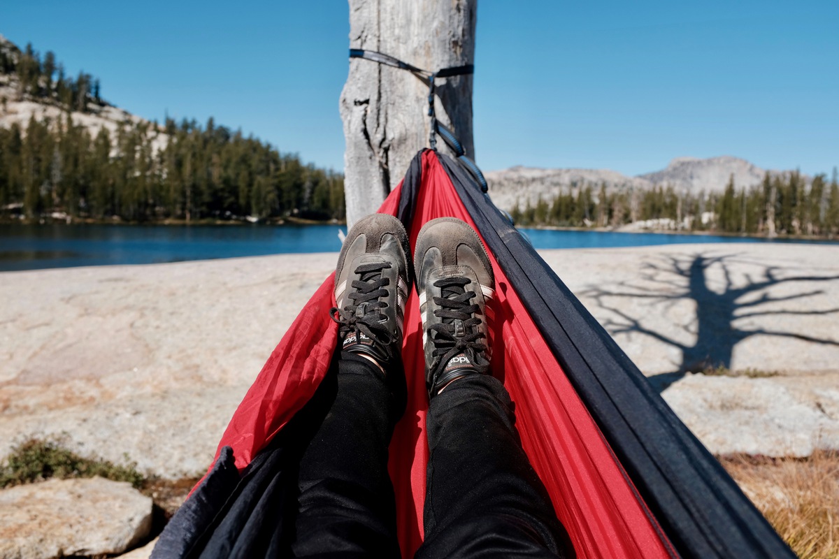 Ann's nomad lifestyle, feet up in hammock
