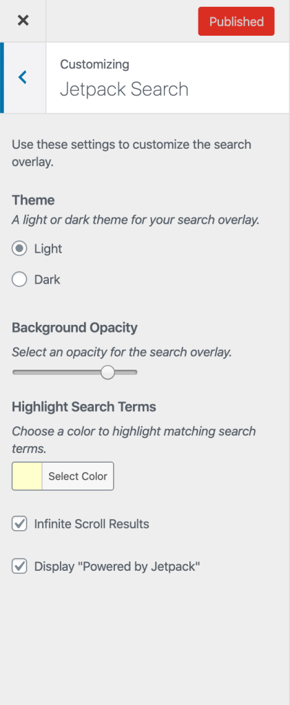 Jetpack search settings