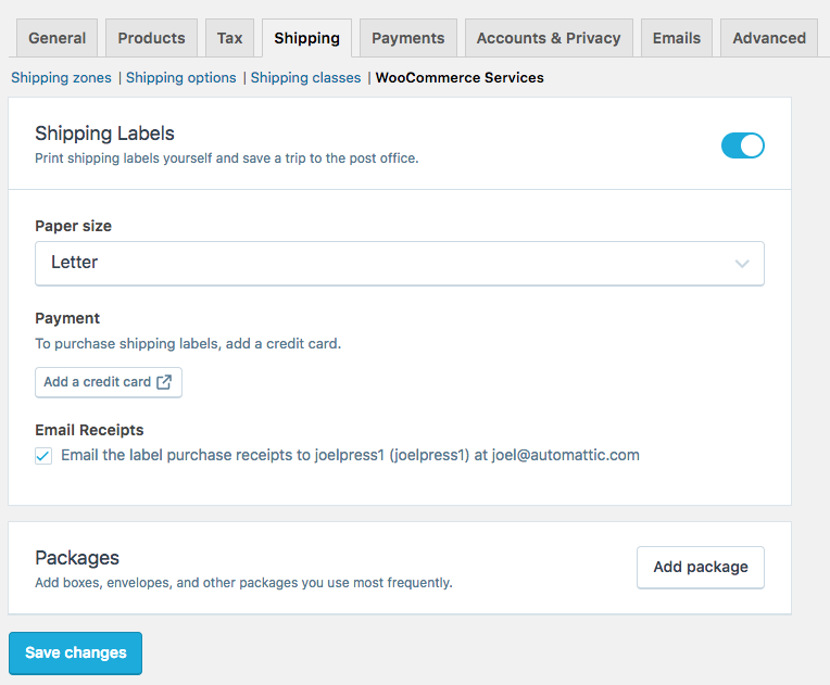 Woocommerce settings for package shipping