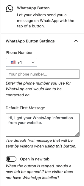The Whatapp block UI, showing fields for phone number, default first message, and option to open in a new tab. 