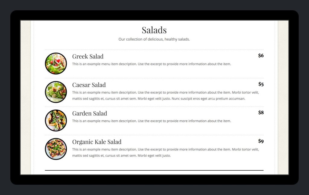 Restaurant website menu