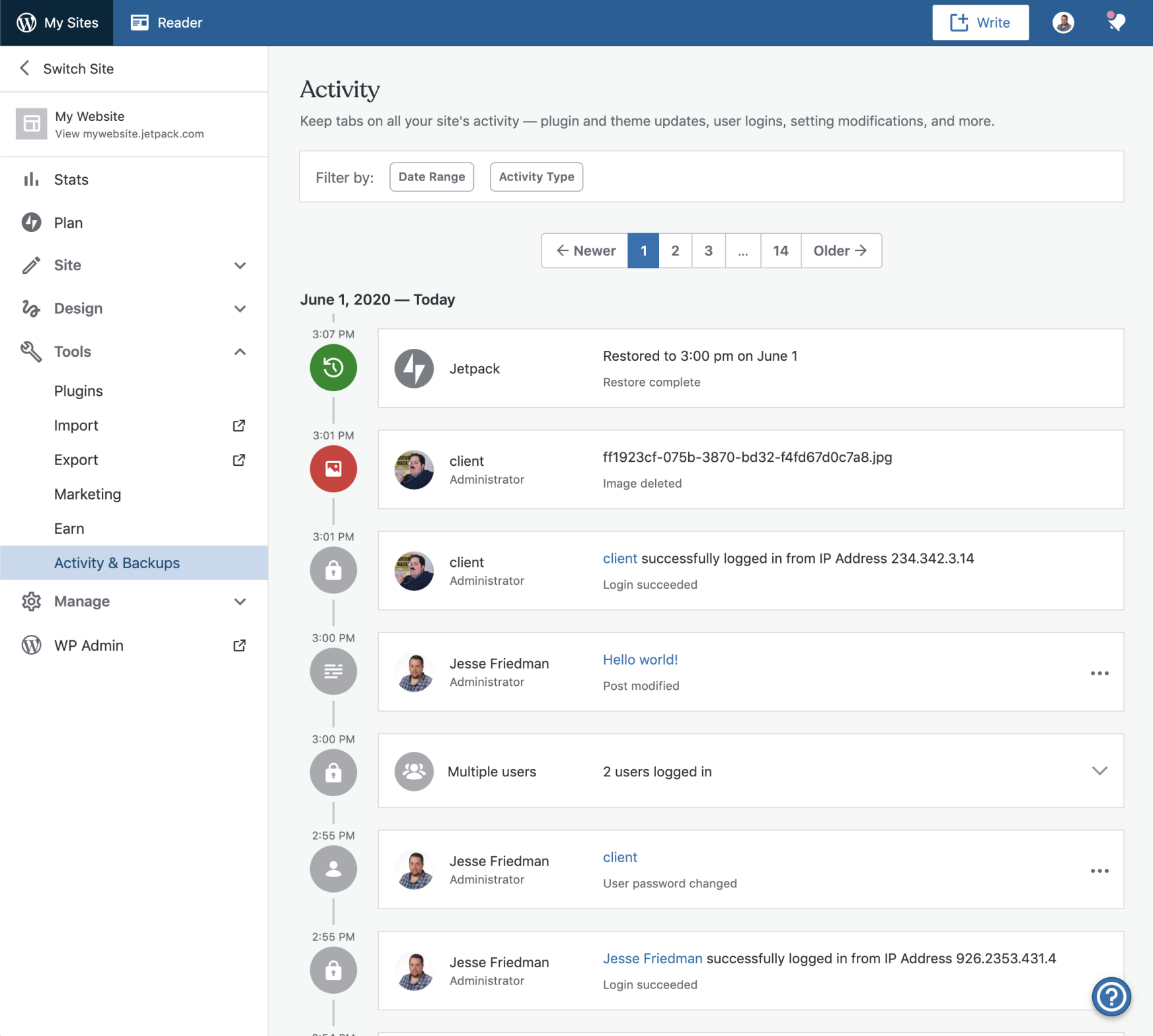 activity log on a website showing actions taken