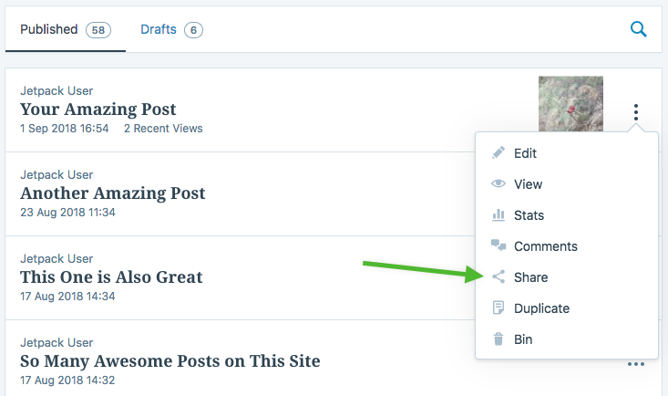 sharing a blog post from the WordPress dashboard