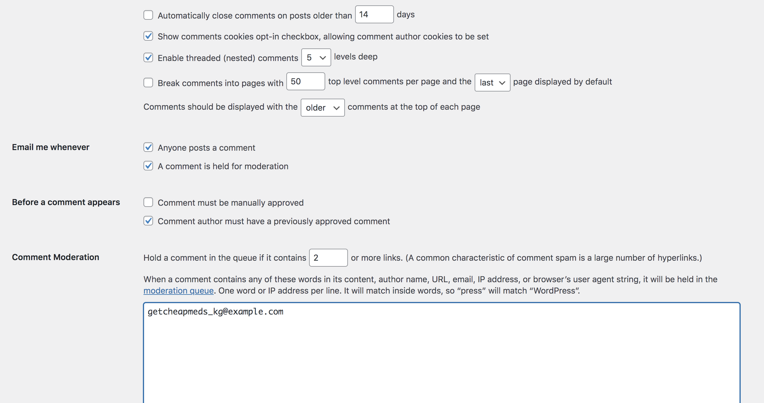 comment moderation list with email addresses to block