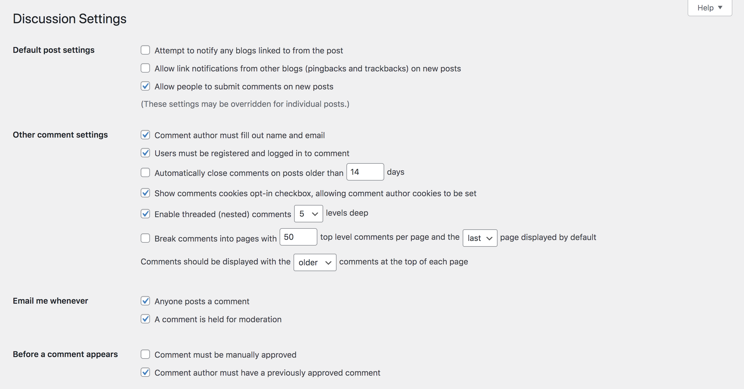 discussion settings in WordPress to prevent spam