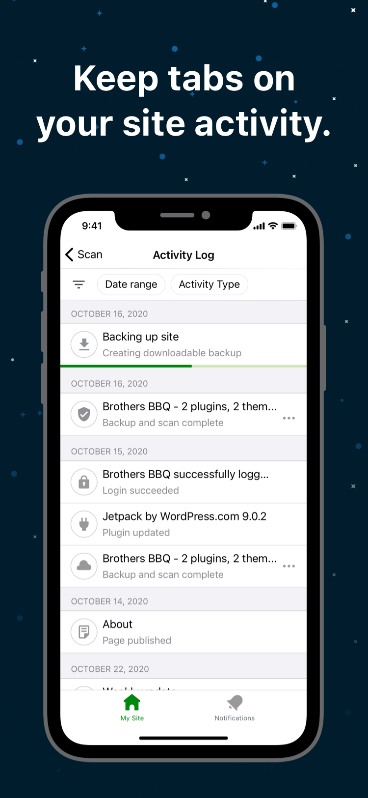 activity log from inside the Jetpack mobile app