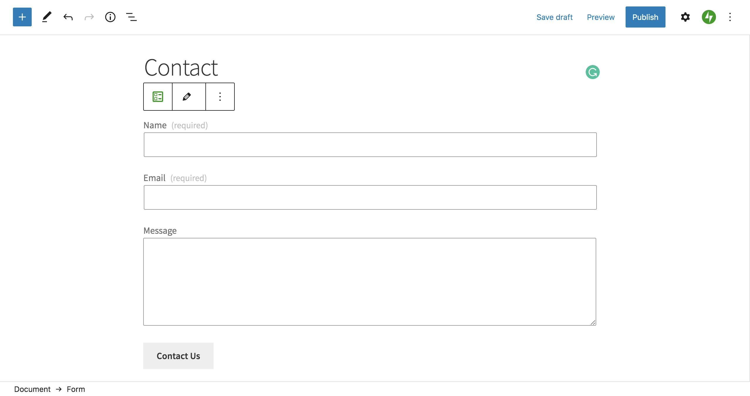 contact form block on a WordPress site