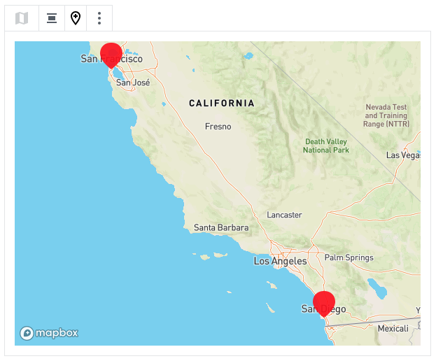 map showing California with several location pins