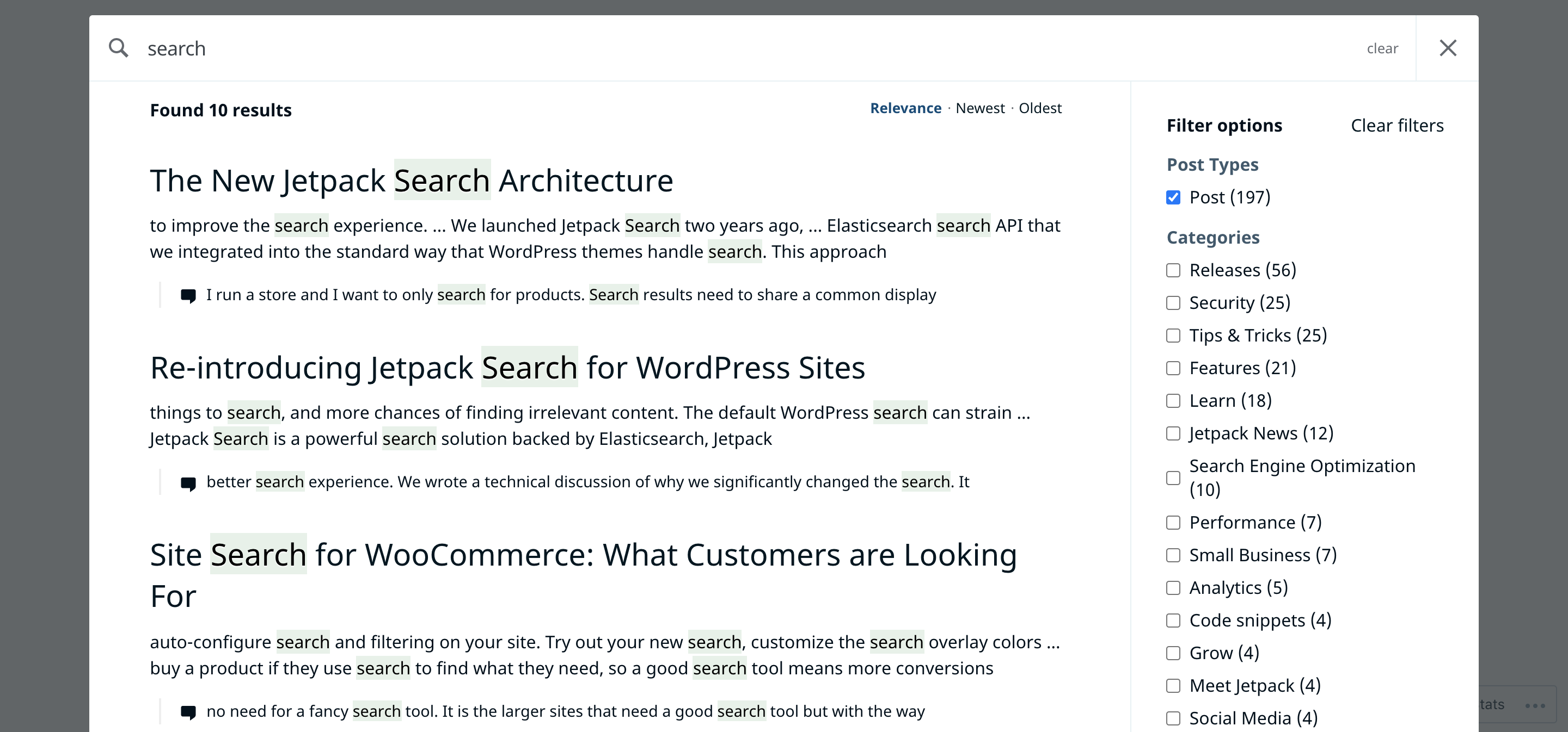 Jetpack Search in action