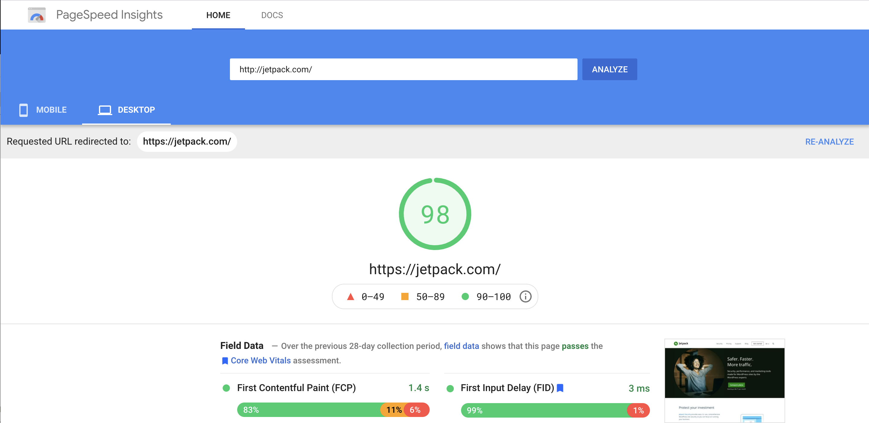 Google PageSpeed report for Jetpack.com
