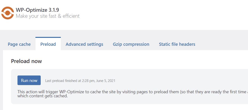 Preload cache in WP Optimize