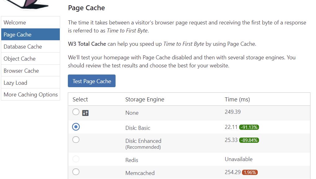 Enable caching with W3 Total Cache