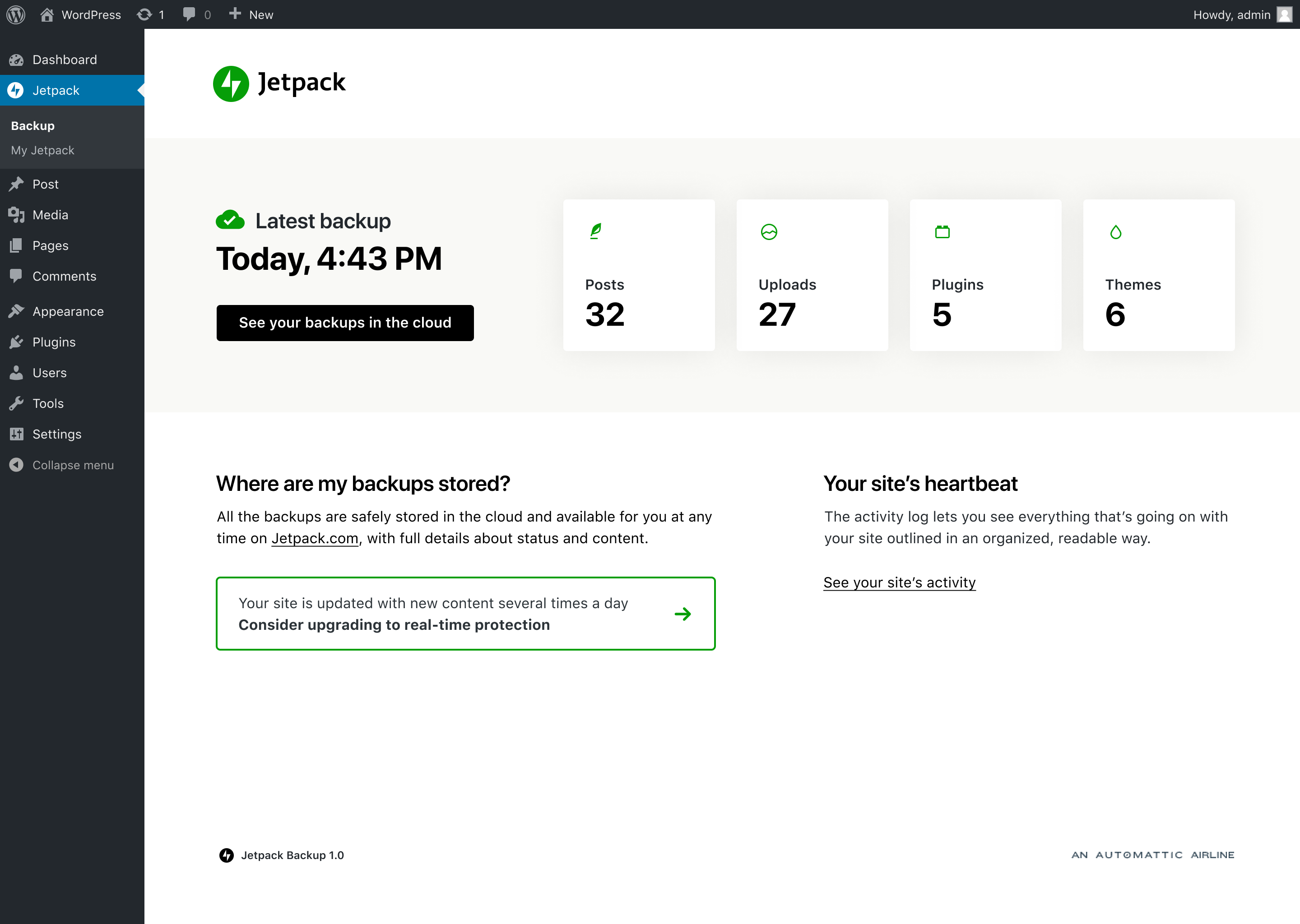 Jetpack Backup dashboard showing information about the latest backup