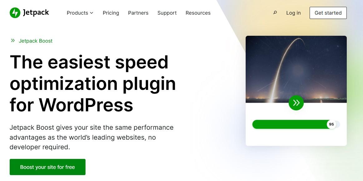 Jetpack Boost homepage with the text "the easiest speed optimization plugin for WordPress"