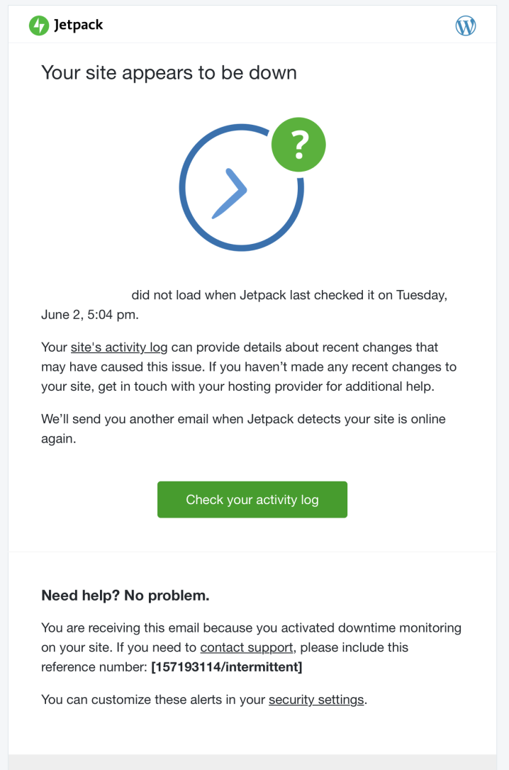 messing from Jetpack notifying a site owner that their website is down