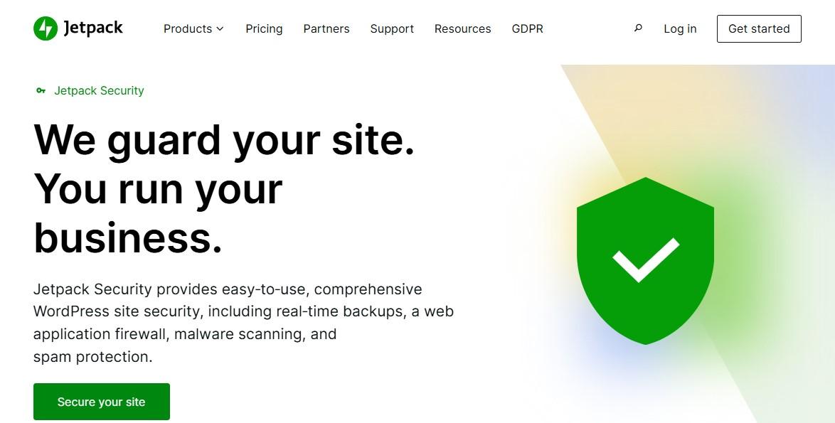 Jetpack Security page with the text "We guard your site. You run your business."