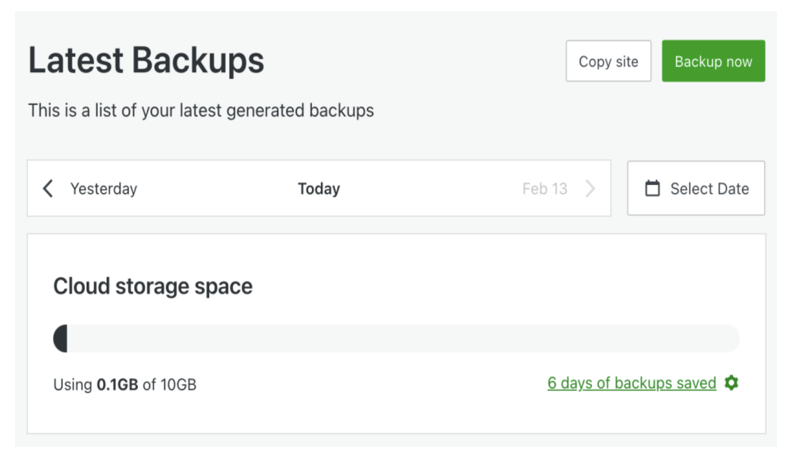 Jetpack VaultPress backup screen showing available backups