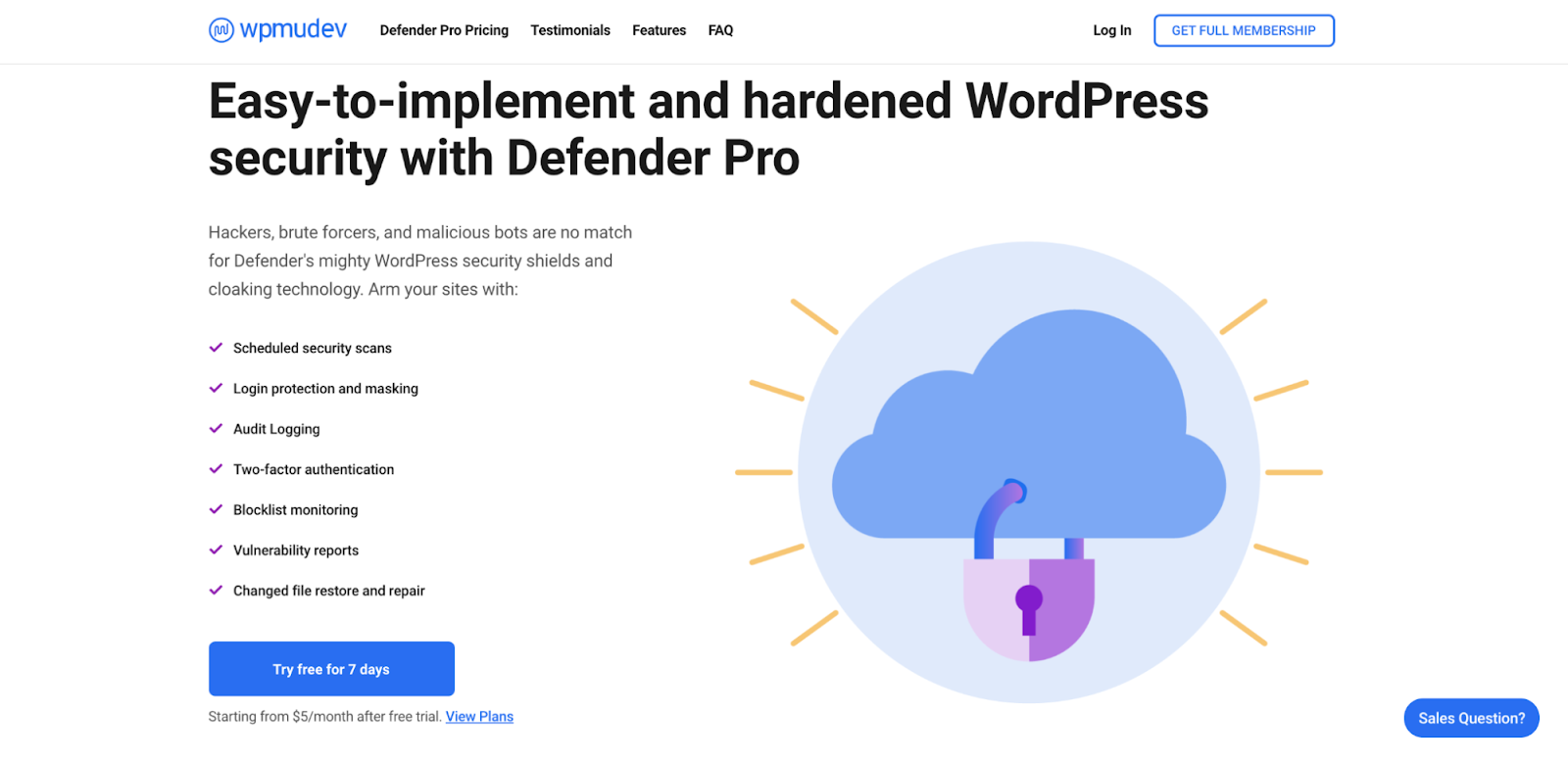 Defender Pro landing page with a list of features