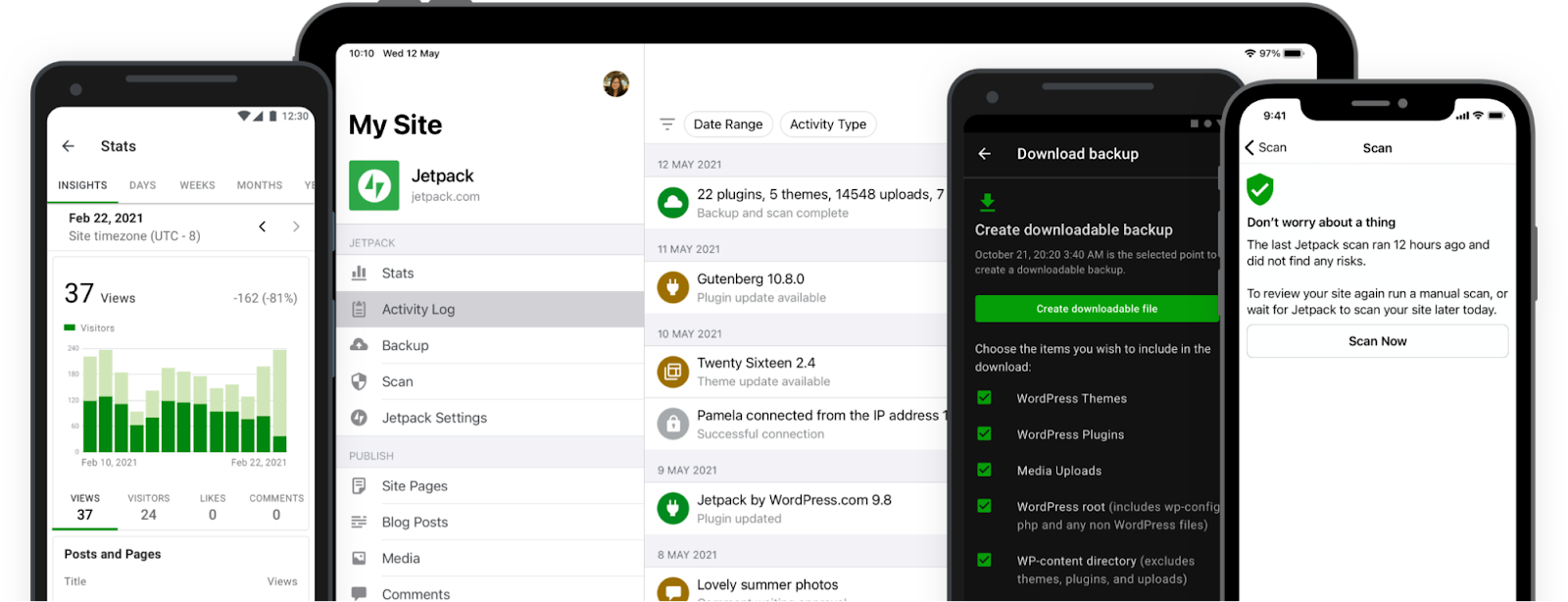 Jetpack screens showing stats, activity logs, backups, and more