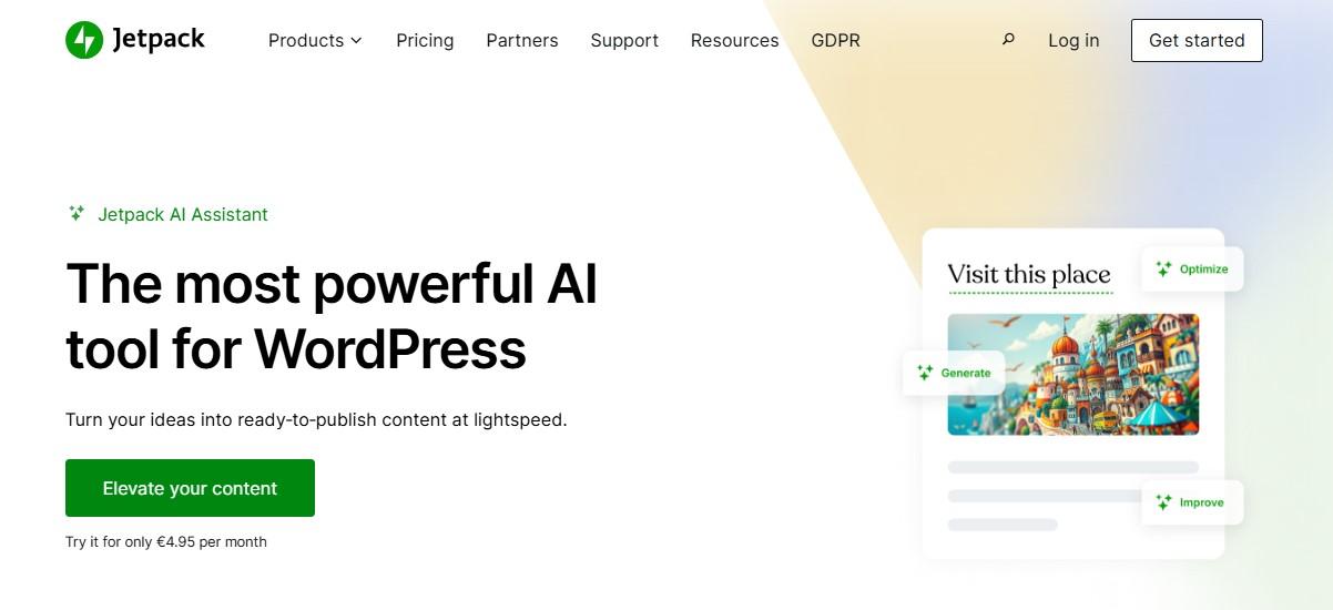 Jetpack AI Assistant page with the text "the most powerful AI tool for WordPress"