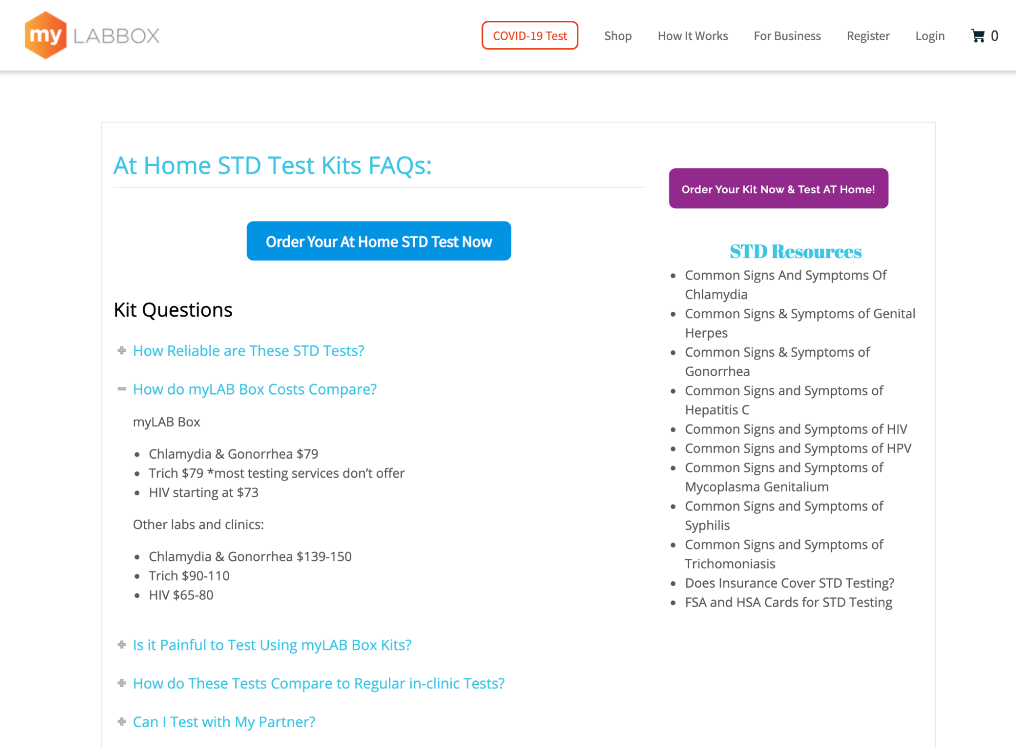 myLABBOX FAQ page with answers to common questions
