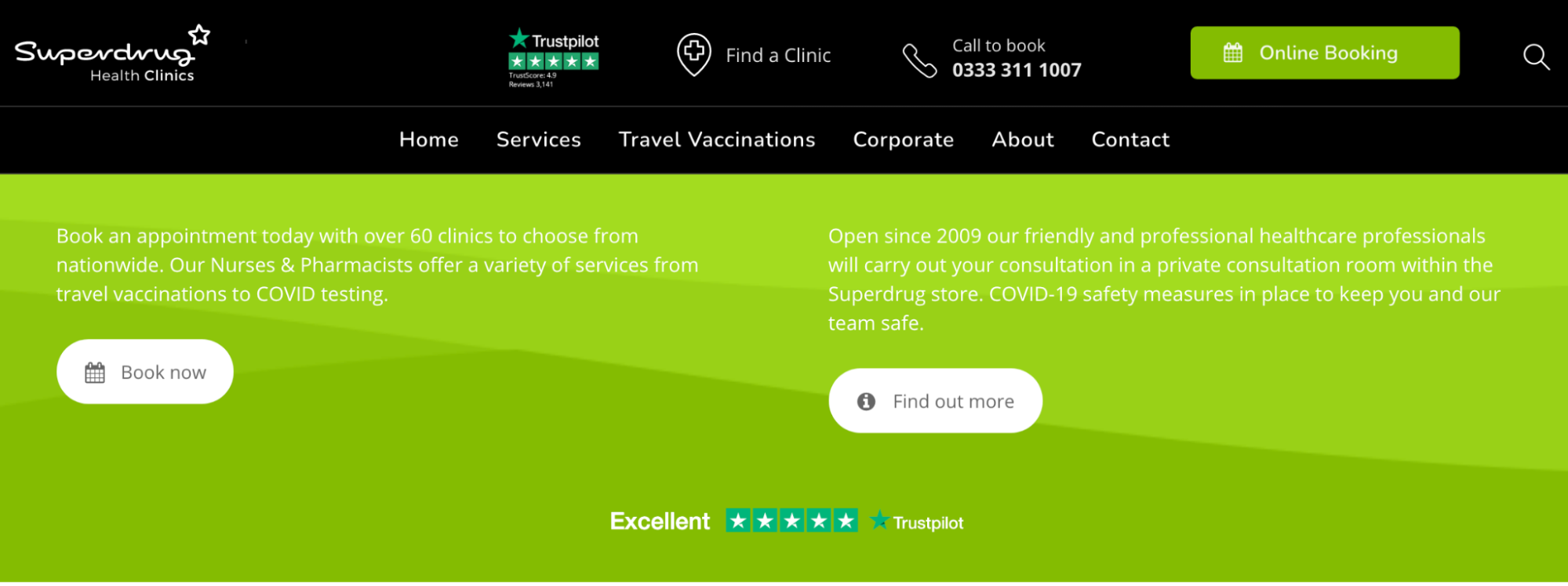 Superdrug Health Clinics menu with links to locations, appointments, and contact information
