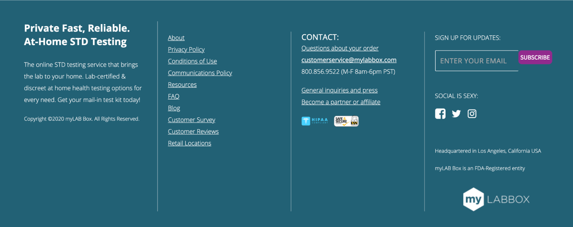 footer with valuable information like contact info and business hours
