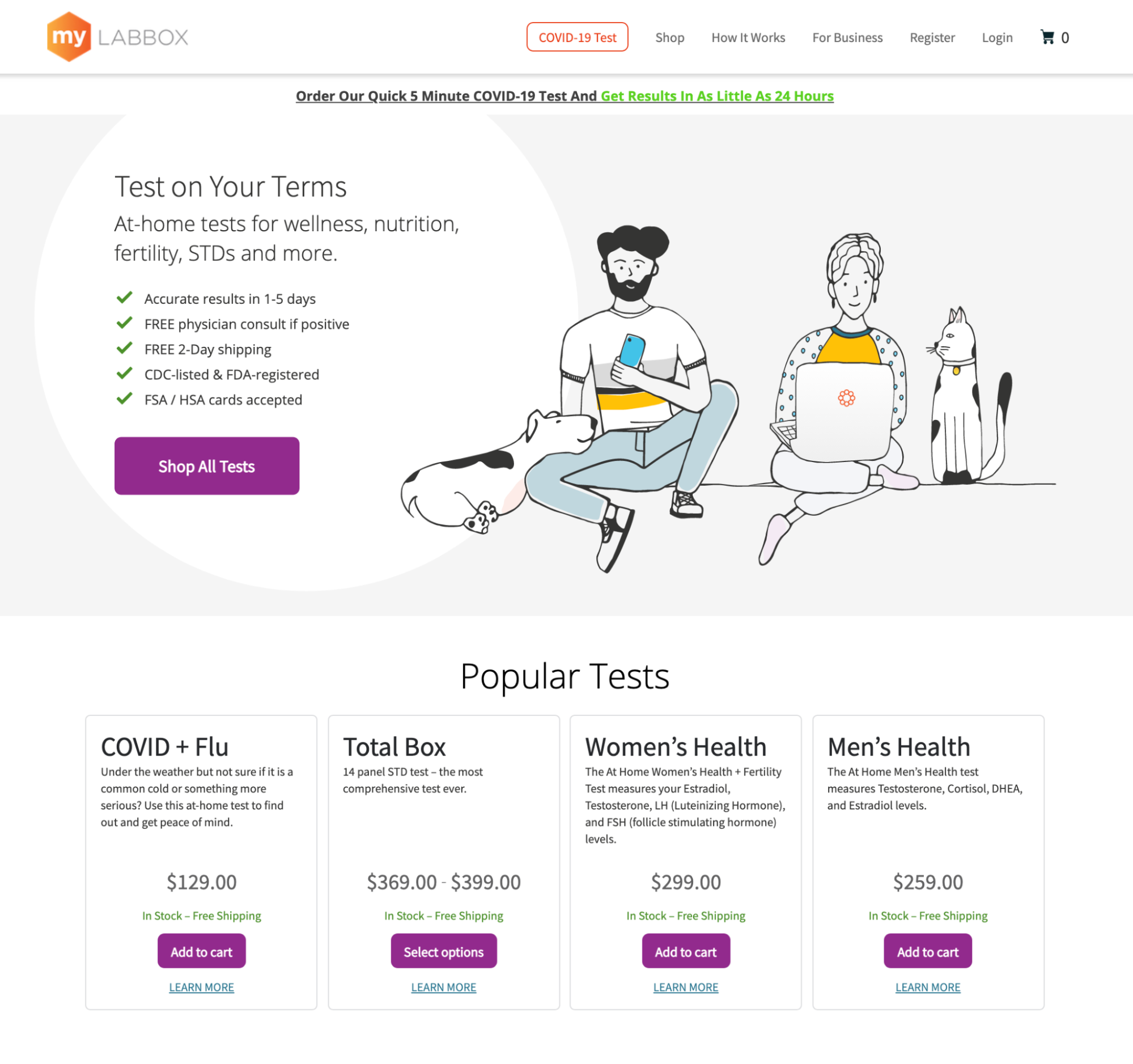 myLABBOX homepage with services offered and products available