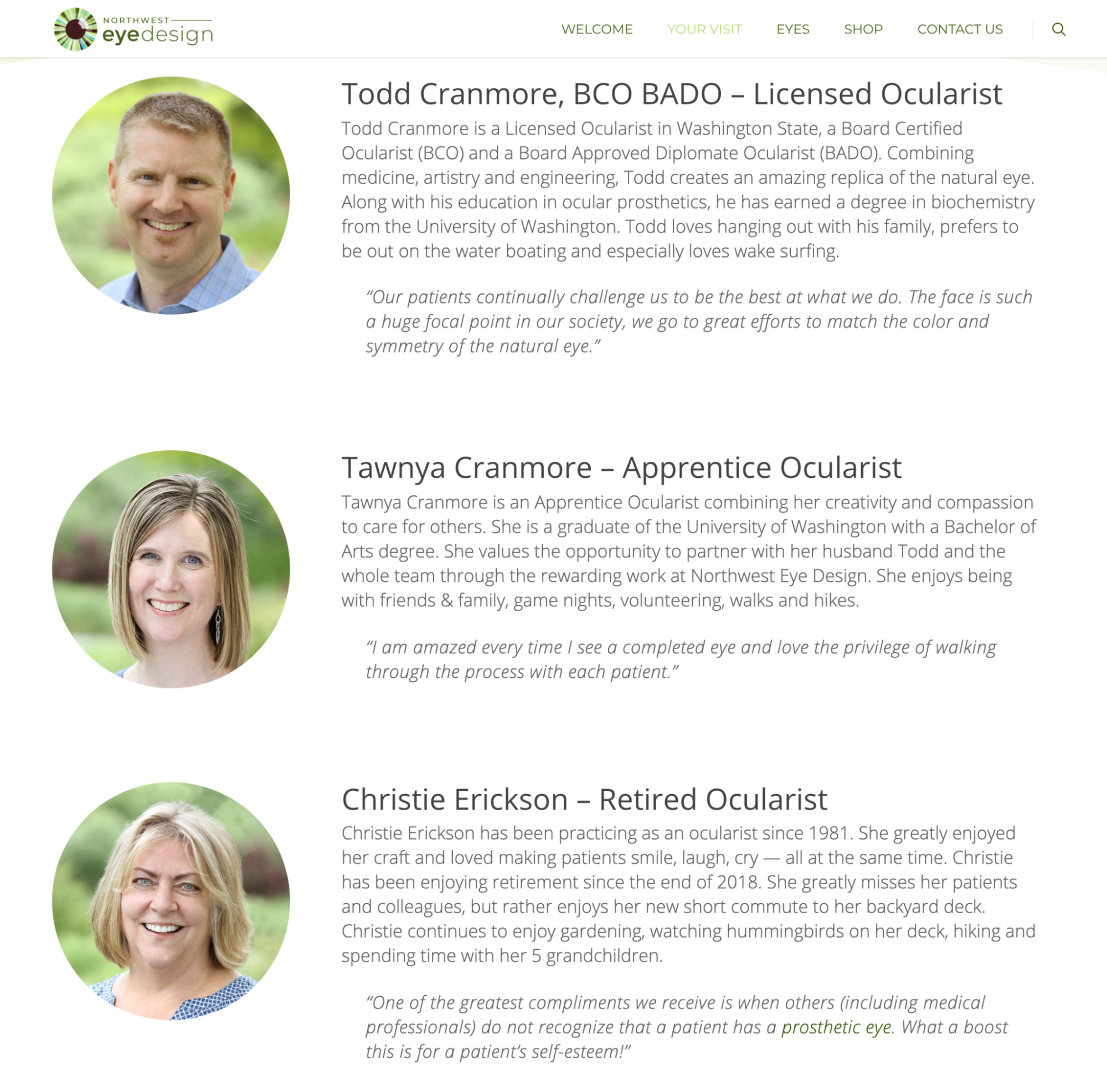 Northwest Eye Design team page with bios, photos, and quotes