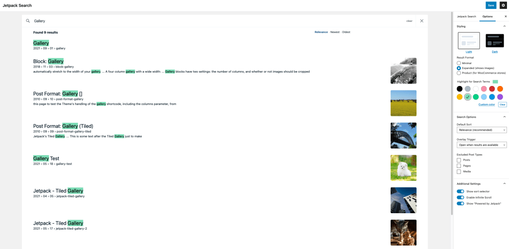 screenshot of the new block based editor for Jetpack Search.