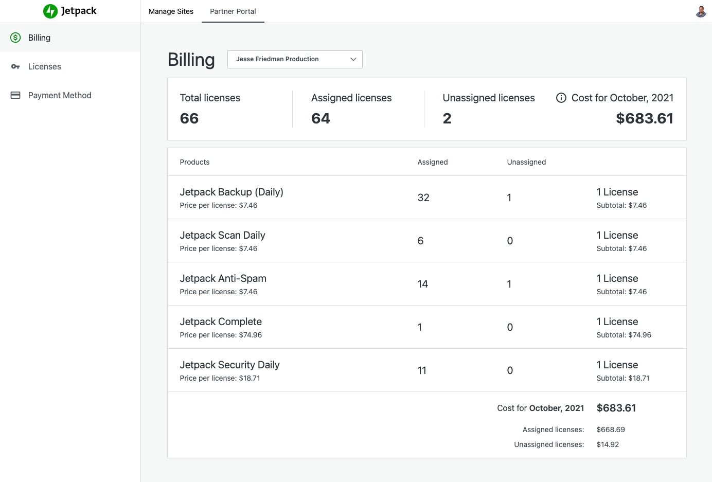 Screenshot of the Jetpack Licensing Portal