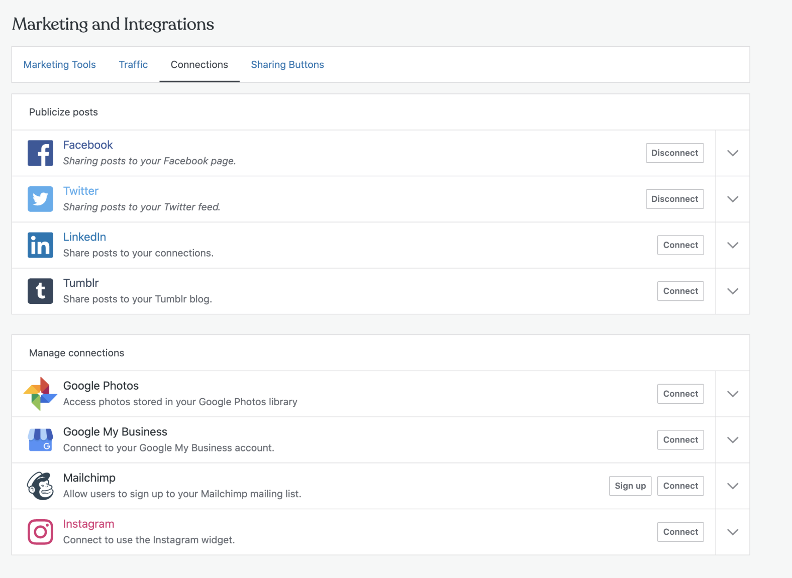 social media integration settings with Jetpack