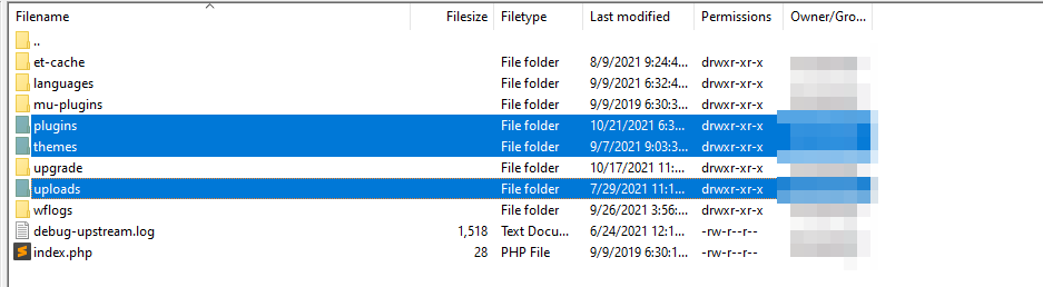 several folders highlighted inside of public_html