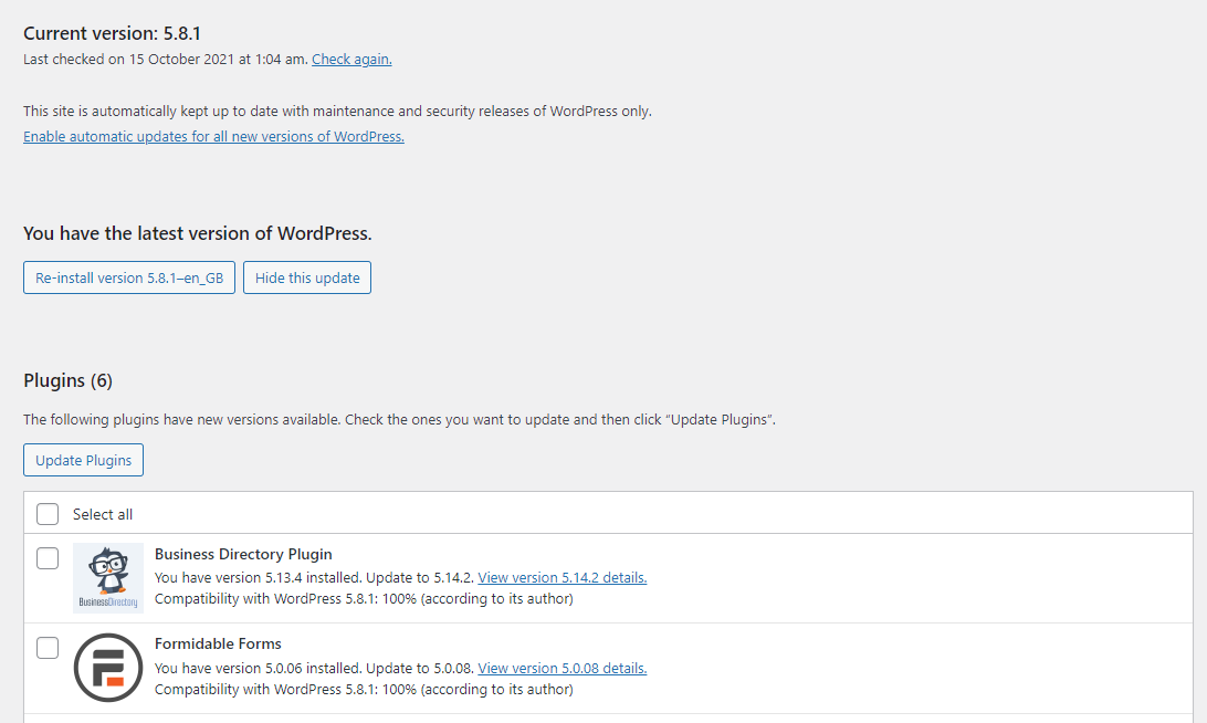 available updates in WordPress