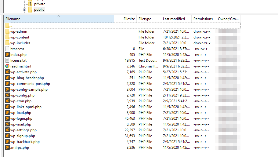 list of website files in an FTP program