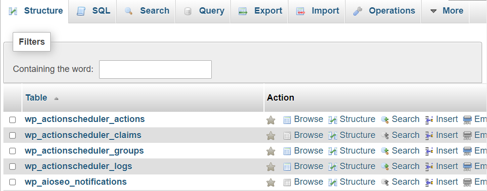tables listed inside of a database