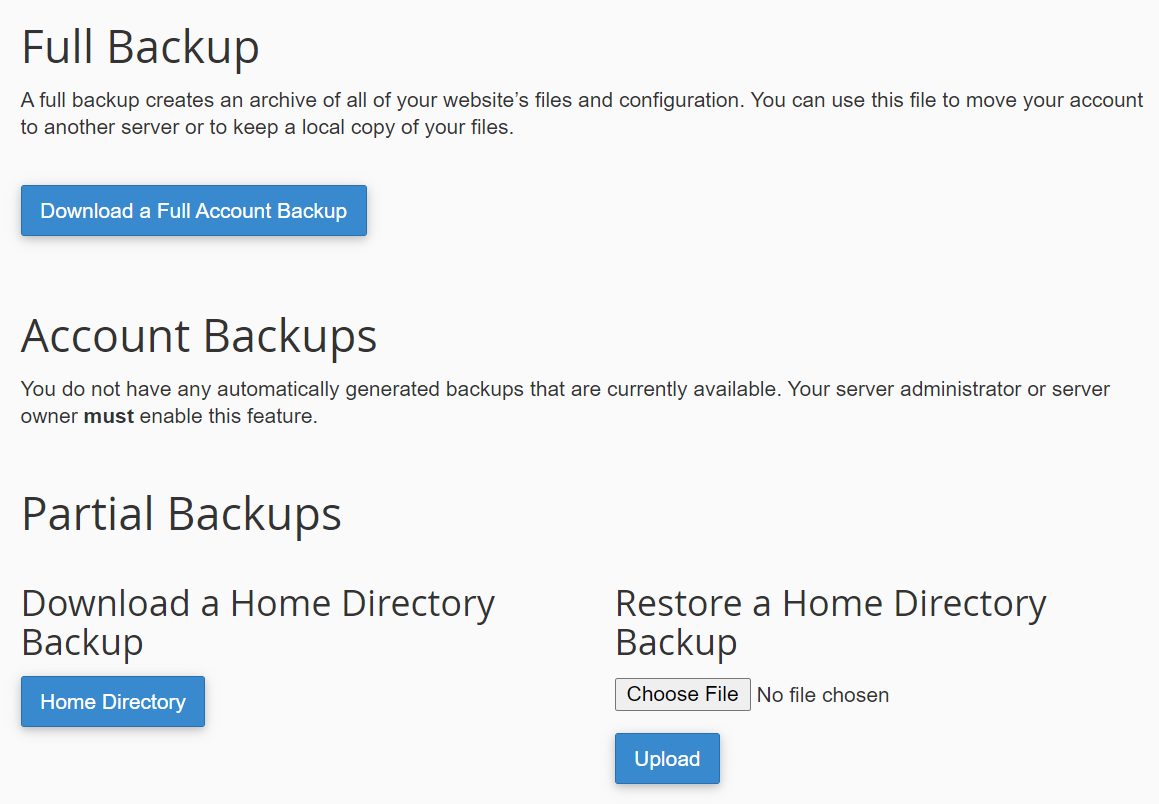choose between full backups, account backups, and partial backups
